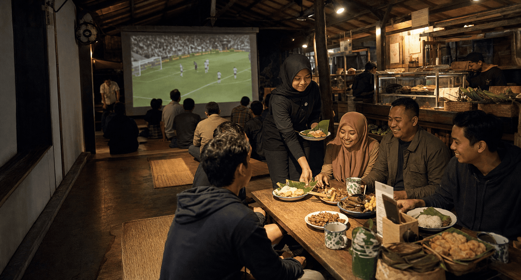 Interior angkringan indoor dengan meja rendah, tikar anyaman, dan layar proyektor