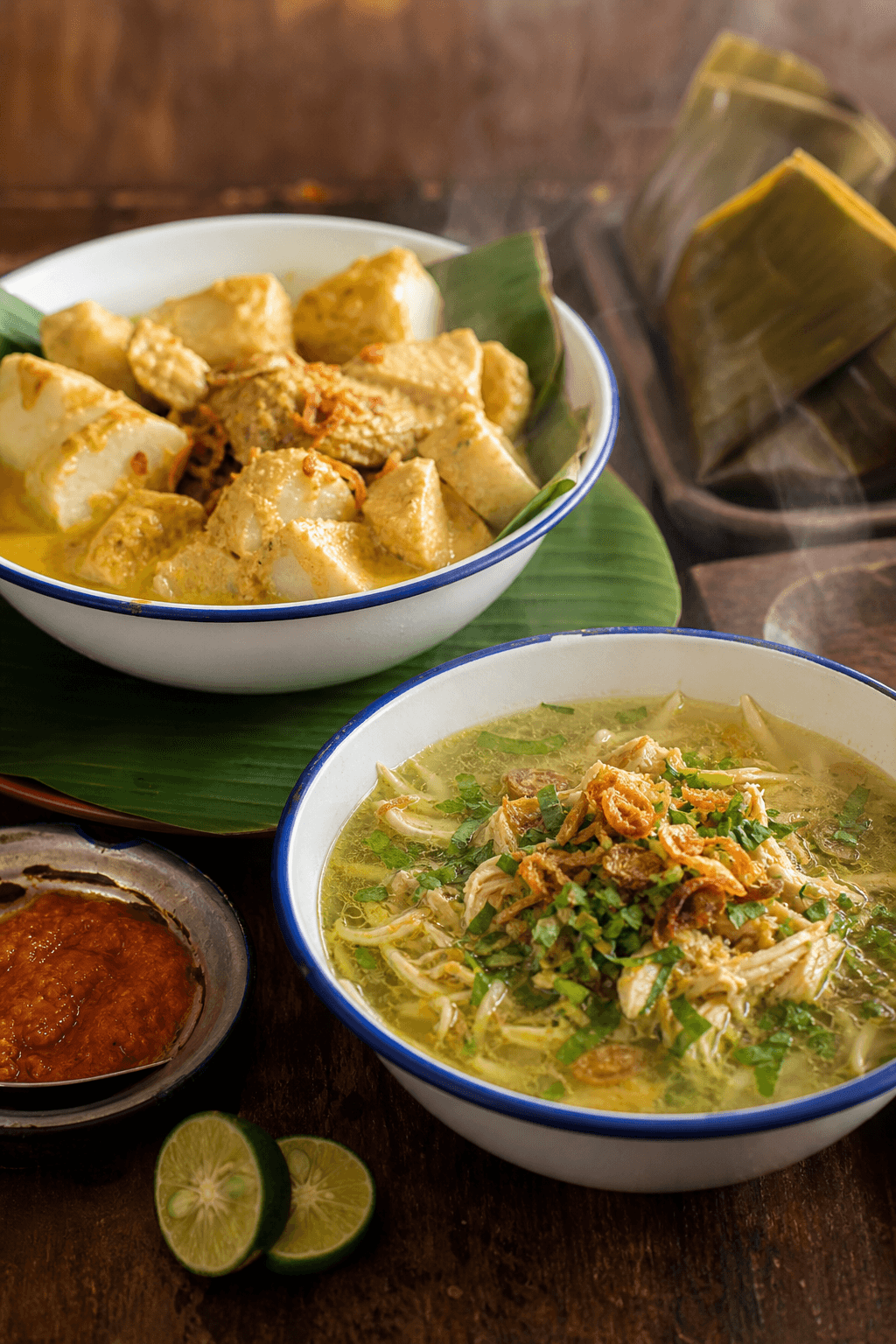 Soto Ayam Kampung, Kuah bening hangat, ayam suwir, nasi terpisah.