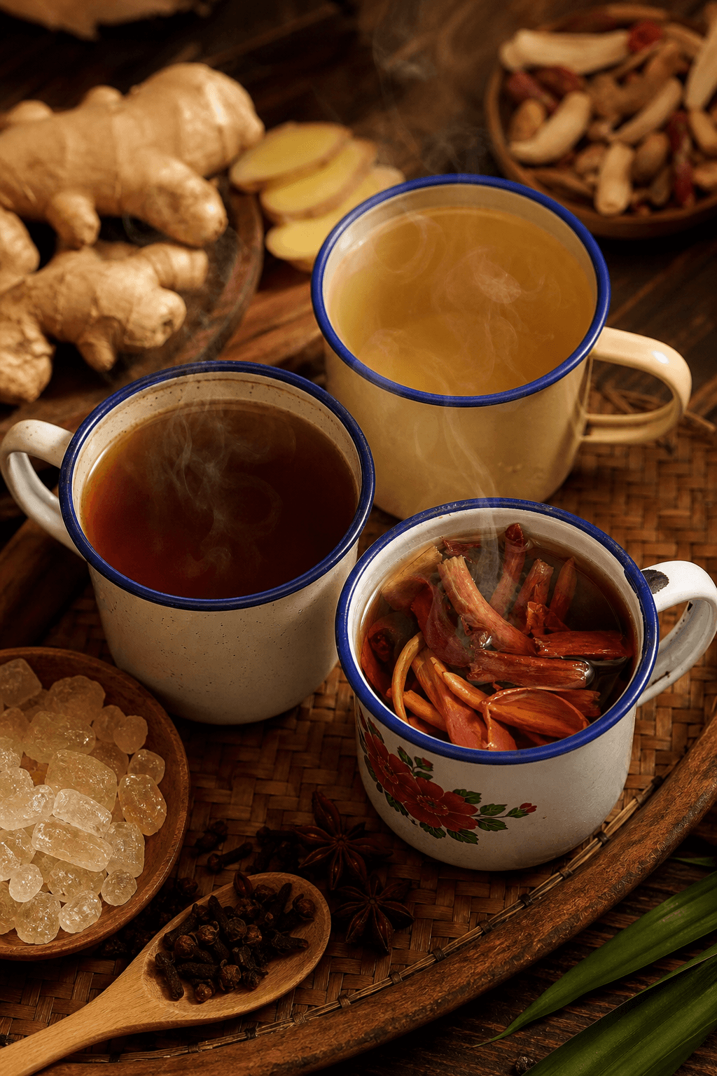 Wedang Jahe Gula Batu, Jahe bakar, gula batu, disajikan panas.